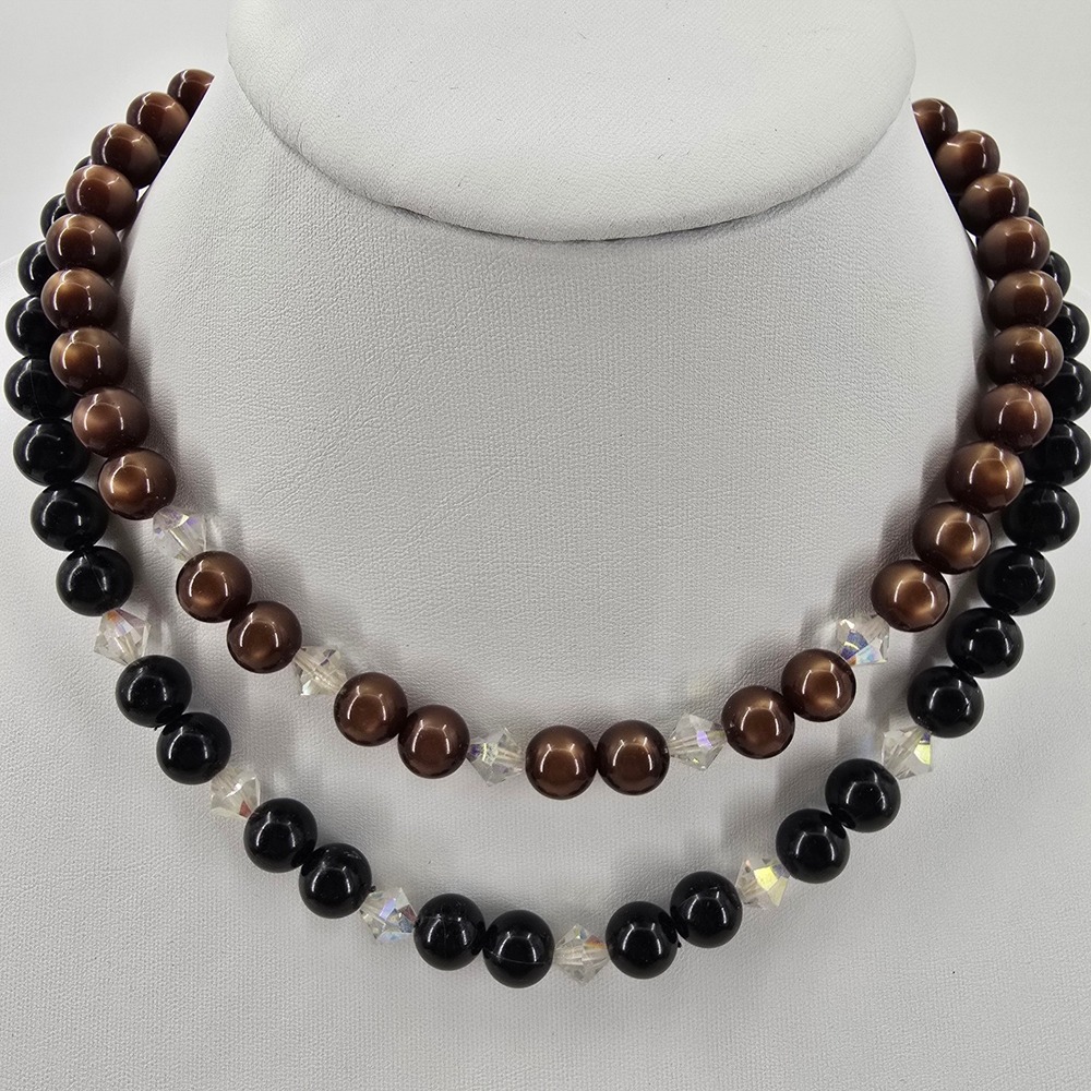 Vintage Double Strand Beaded Necklace Brown Black Iridescent Crystal Clasp